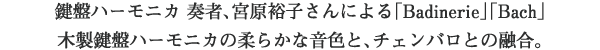 鍵盤ハーモニカ 奏者、宮原裕子さんによる「Badinerie」「Bach」 木製鍵盤ハーモニカの柔らかな音色と、チェンバロとの融合。